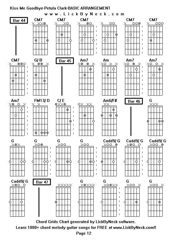 Chord Grids Chart of chord melody fingerstyle guitar song-Kiss Me Goodbye-Petula Clark-BASIC ARRANGEMENT,generated by LickByNeck software.